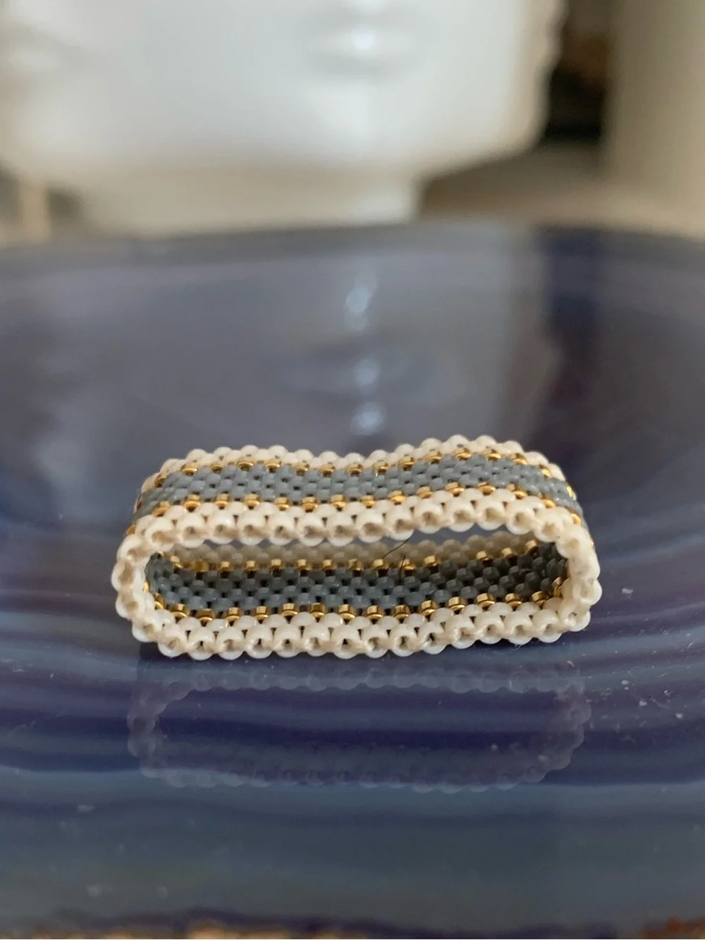 Maasai Beaded Ring Wide – Cream Grey & Gold Handmade woven mesh ring NEW